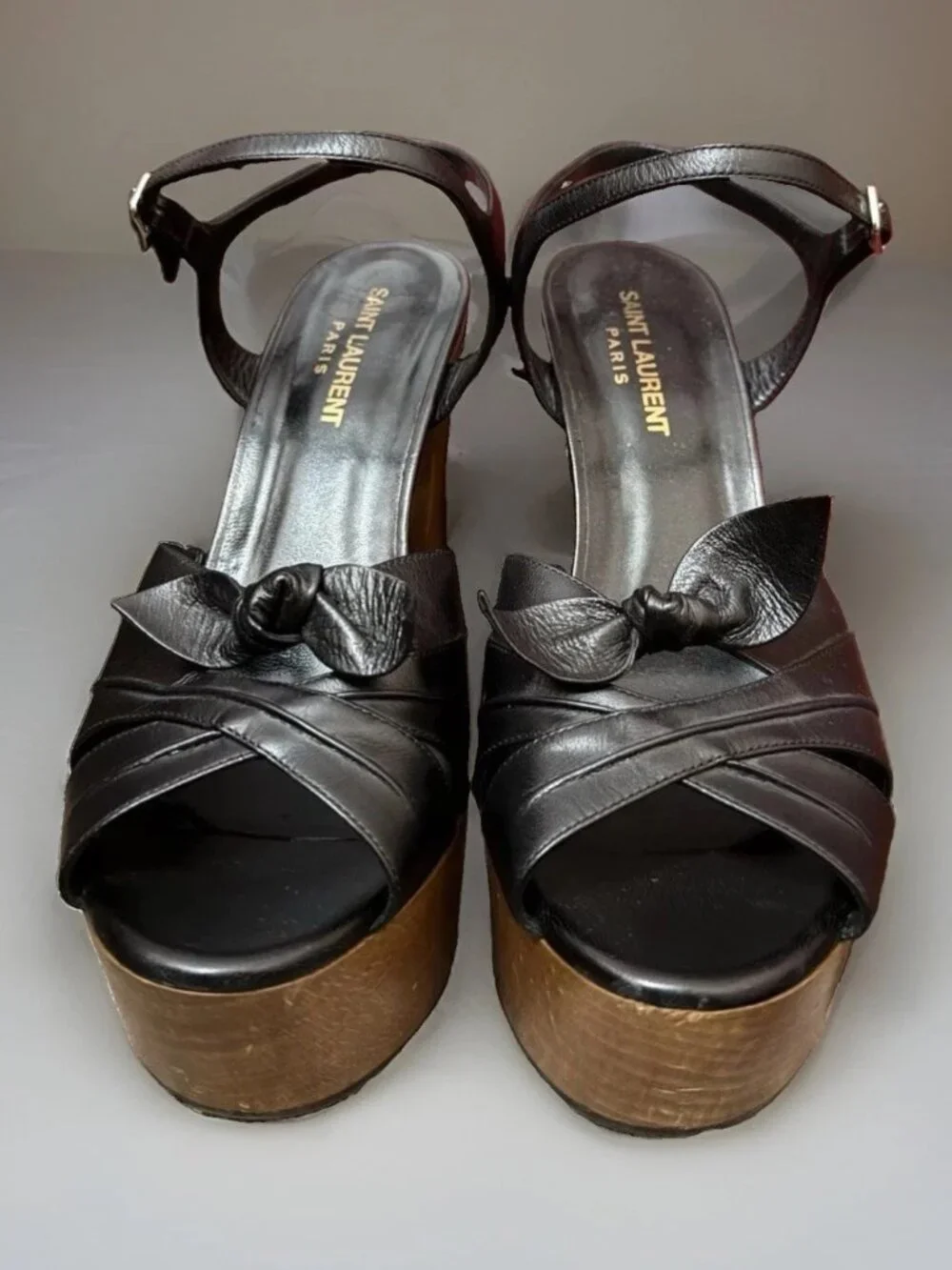 Saint Laurent Candy Black Leather Wooden Platform Sandals 38/8 US